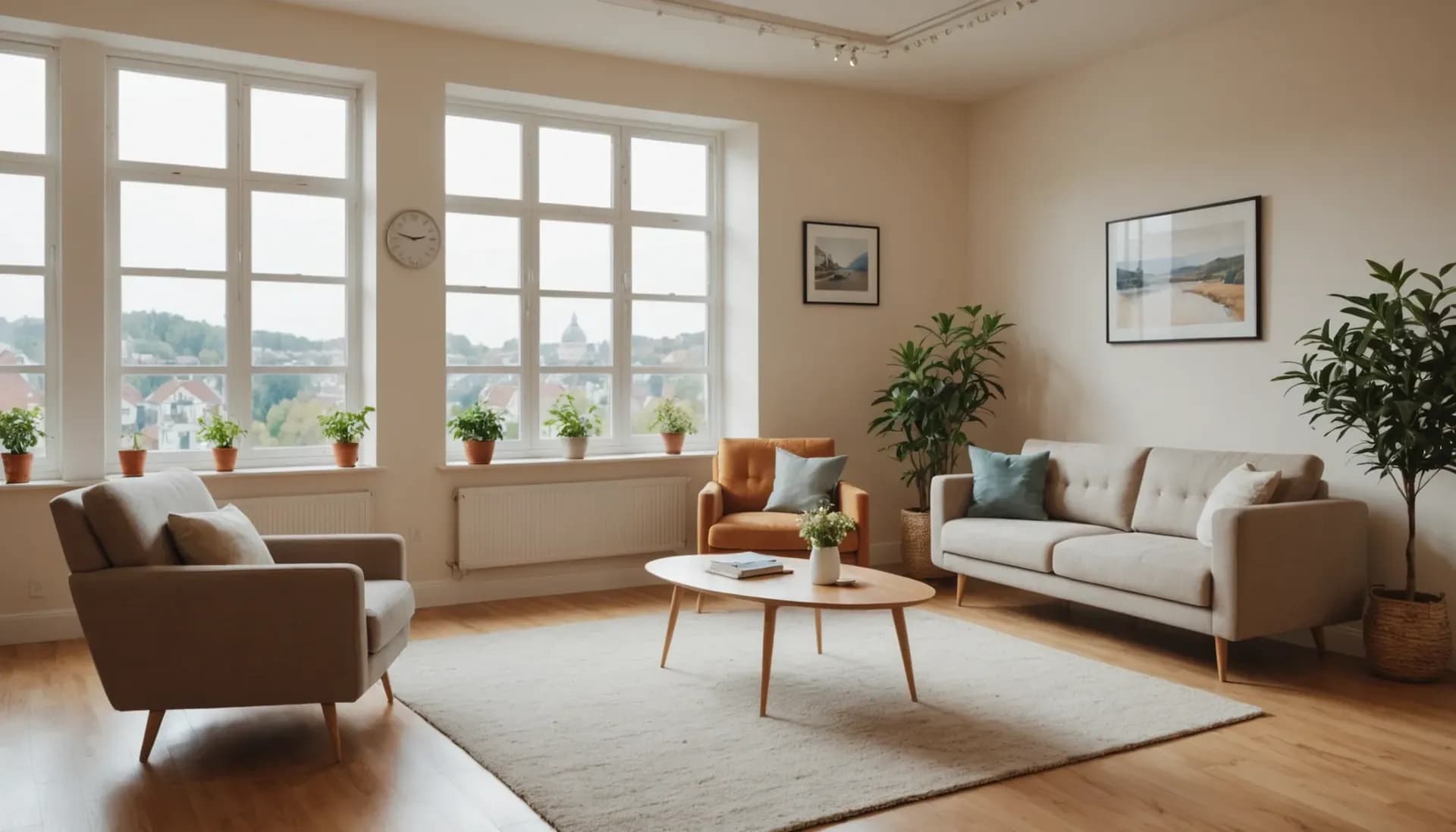 Eye-level view of a peaceful counselling space with comfortable seating