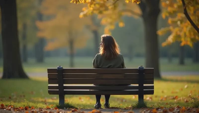 Eye-level view of a woman sitting quietly on a park bench, looking thoughtful and reflective