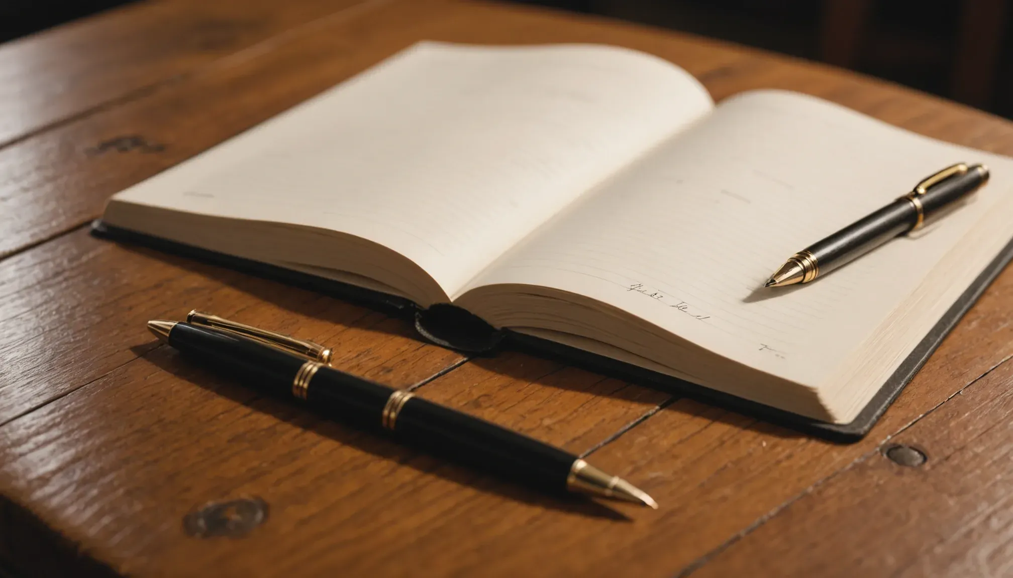 Close-up view of a journal and pen lying on a wooden table