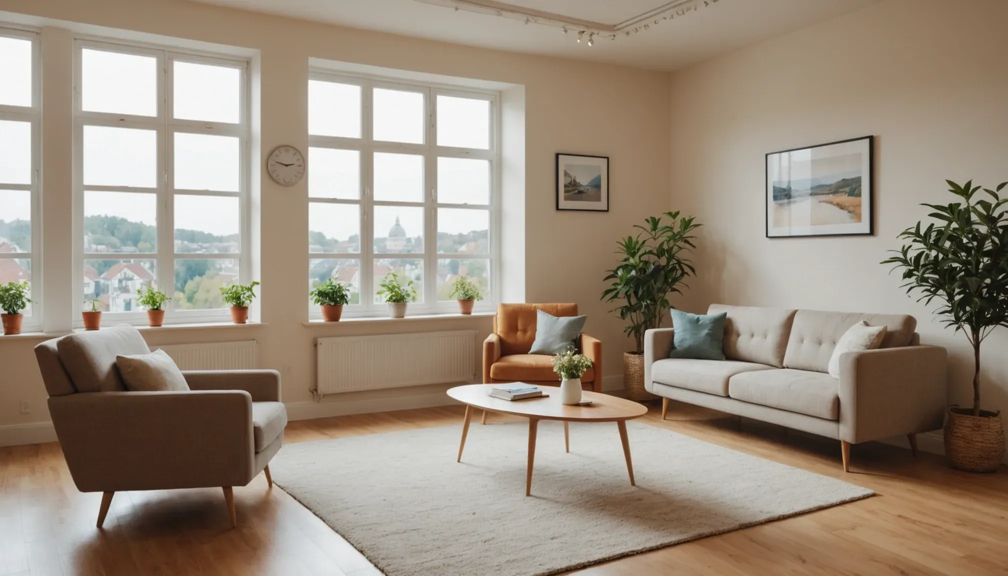 Eye-level view of a peaceful counselling space with comfortable seating