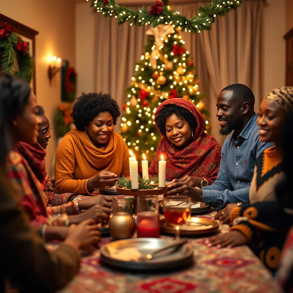 Family and friends sharing a candlelit festive meal around a table