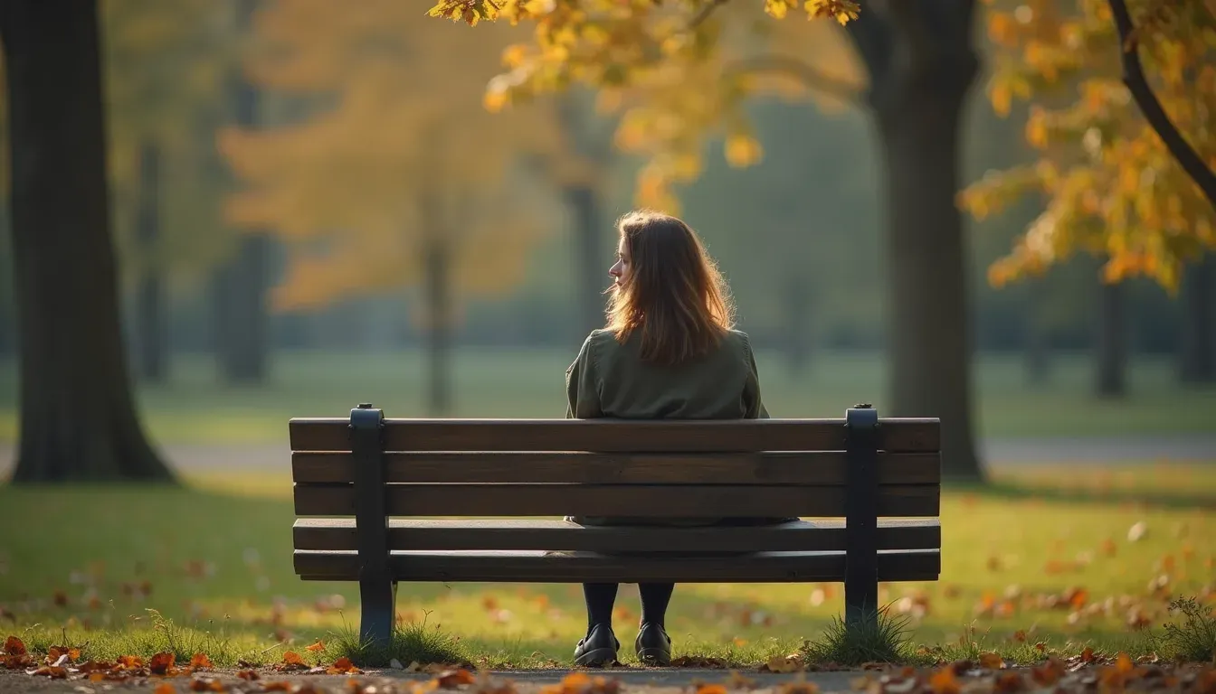 Eye-level view of a woman sitting quietly on a park bench, looking thoughtful and reflective