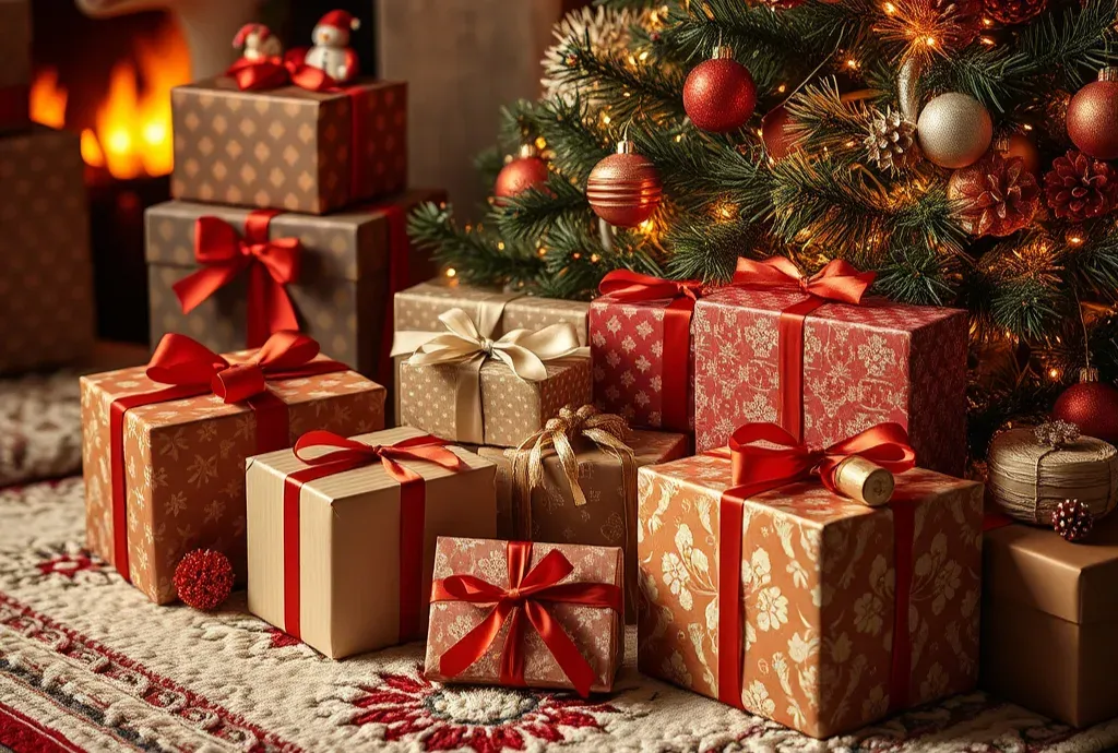 Wrapped gifts with red ribbons piled beneath a decorated Christmas tree