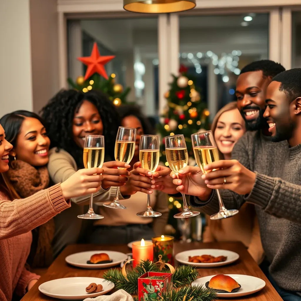 Friends raising glasses of sparkling wine at a festive dinner